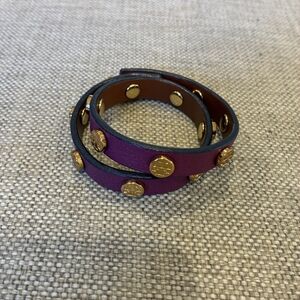 Tory Burch Plum Leather Wrap Bracelet with Gold Studs